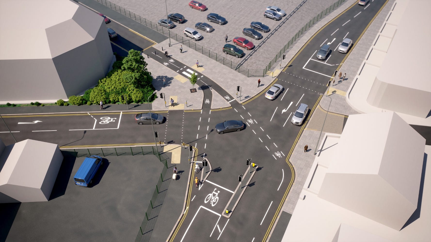 At New Road and South Parade, we will remove the mini roundabout to create a new and more efficient junction layout. New cycle routes will make the junction safer and easier to use. 2 lanes on the approach to the junction will reduce journey times in this area. New crossings on Prescott Street and Church Street will help people to cross safely. Vehicles will no longer be able to access New Road from this junction, creating a calmer route for people walking, cycling or commuting into town.